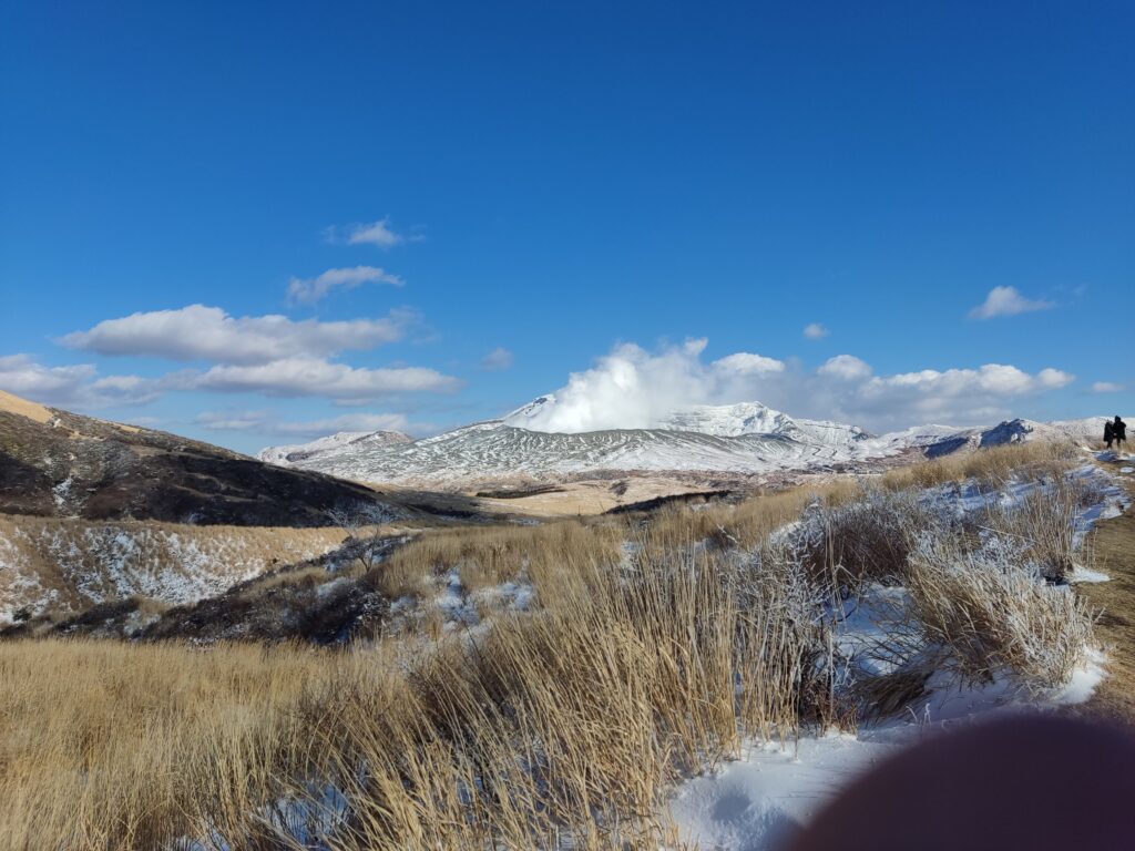 The Aso Caldera has a dry eruption on a cold, cloudless day.