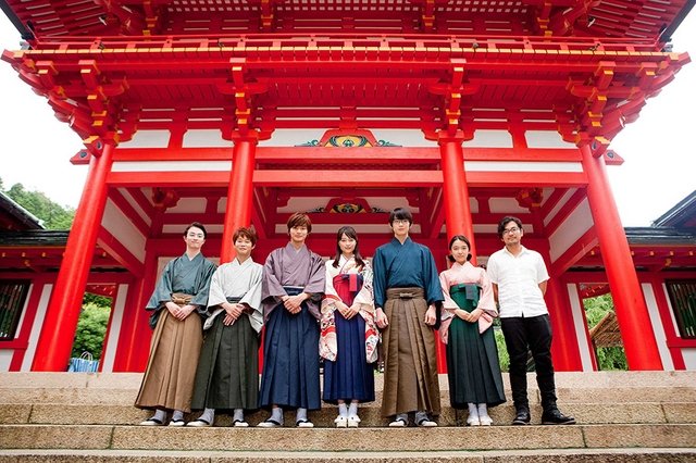 Cast of the Chihayafuru drama takes a promotional photo at Omi Shrine